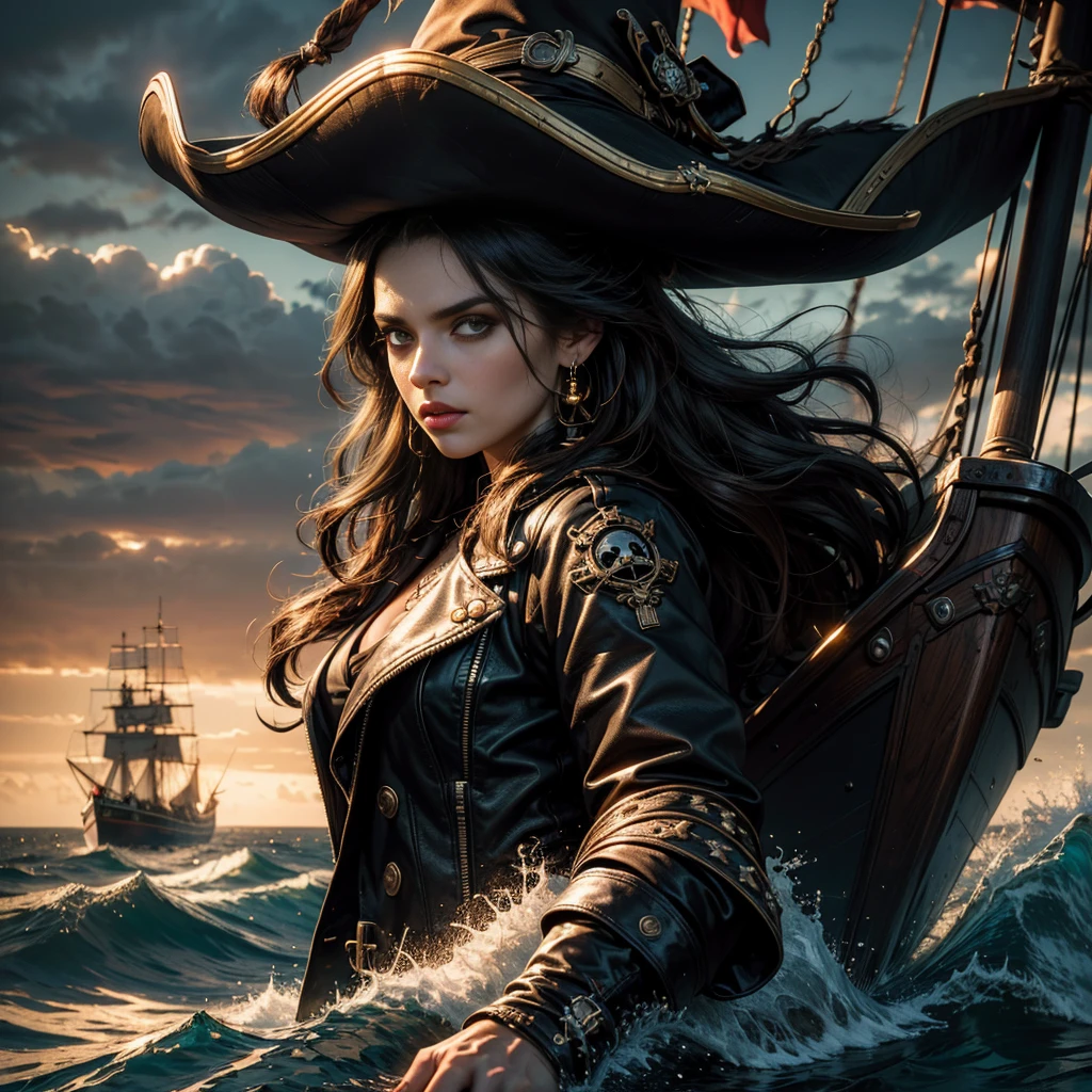 (best quality,4k,8k,highres,masterpiece:1.2),ultra-detailed,black long hair,beautiful detailed eyes,pouty lips,piercing gaze,confident expression,pirate hat with skull and crossbones,leather jacket with golden buttons,golden earrings,pirate sword,ship in the background,ocean waves crashing against the ship,stormy sky,gritty and realistic,high contrast lighting,strong shadows and highlights,dramatic atmosphere,warm color tones,moody and intense,swashbuckling adventure