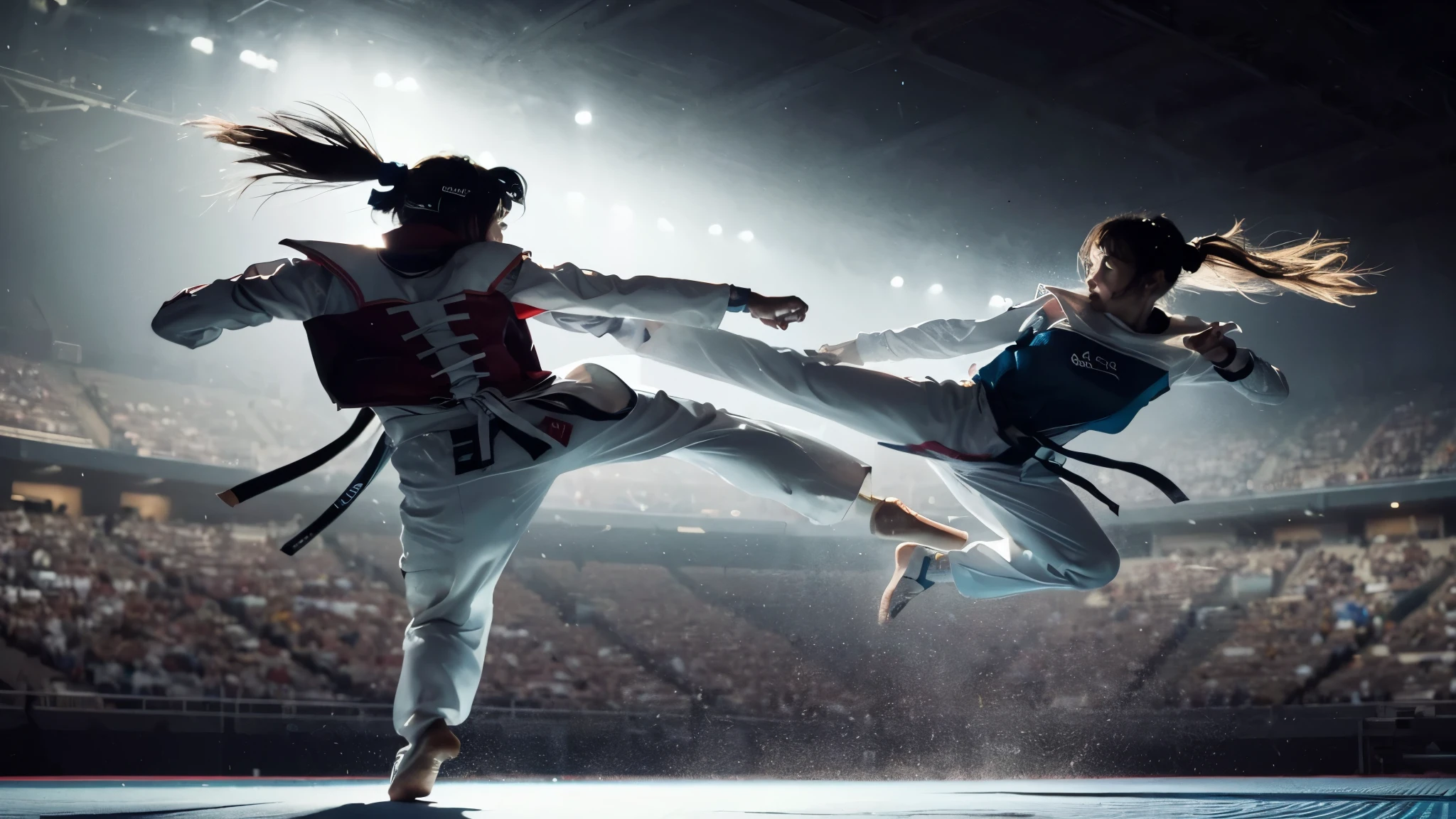 ((very clear photo result, photo hyper realistic)) (((best qualityer))), (((work of art))), (((ultra-detailed CG))),(((magical ))) scenery moment artistic detail sport photography, dramatic and expressive moment at the Olympic Stadium, attending & applause two spectators (Face & clothing details) detail of two man grappling athlete in fight, they show the armbar technique, both sweaty, capturing epic moments, dramatic stadium lamp light, moment of tension, located on the detailed level of the Olympic Stadium, they are on the playing field with dramatic shadow lights, tight close-up shot, 8k