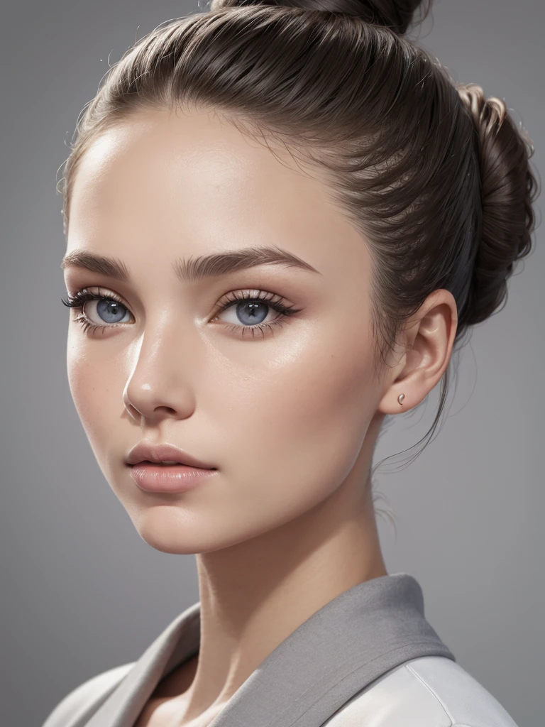 woman, face, facial symmetry, front, caucasian, hair bun, skin details, pores, hyper realism, grey background