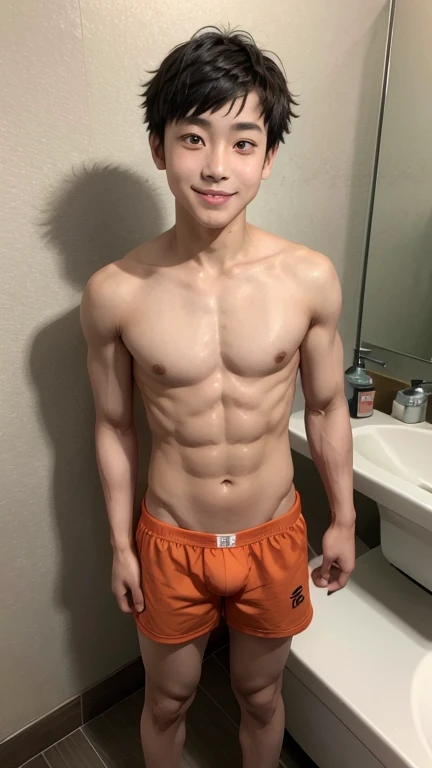 Japanese men、、Underdeveloped muscles and smooth skin、Black and peach-colored hair、Relaxed and friendly smile、Light orange boxer briefs、The whole body is visible from toes to head、Posing in the bathroom、