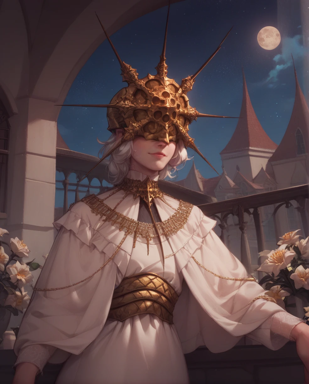 Gwyndolin,white hair,flat chest,gold mask,covered eyes,
gold jewelry,white dress,long sleeves,light smile,beautiful
looking down a balcony with flowers, night sky with moon and stars