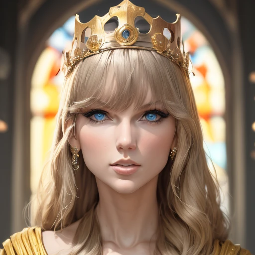 taylor swift as saint byzantine ornate, intricate detailed ornate golden byzantine crown, detailed ornate byzantine religious iconography, elaborate golden halo, ornate golden robes, detailed facial features, porcelain skin, piercing blue eyes, long flowing blonde hair, serene expression, divine presence, masterpiece, (best quality,8k,highres,extremely detailed:1.2),photorealistic,cinematic lighting,dramatic chiaroscuro,muted color palette