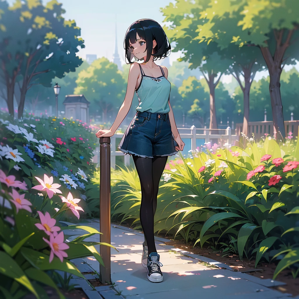 (high quality, High resolution, Very detailed, reality:1.37), Peaceful atmosphere, (Outdoor, garden), Teenage girl standing alone, (my breasts are big.), Beautiful details, Cute Smile, (Black bob hair), camisole, Denim skirt, Black tights, sneakers.