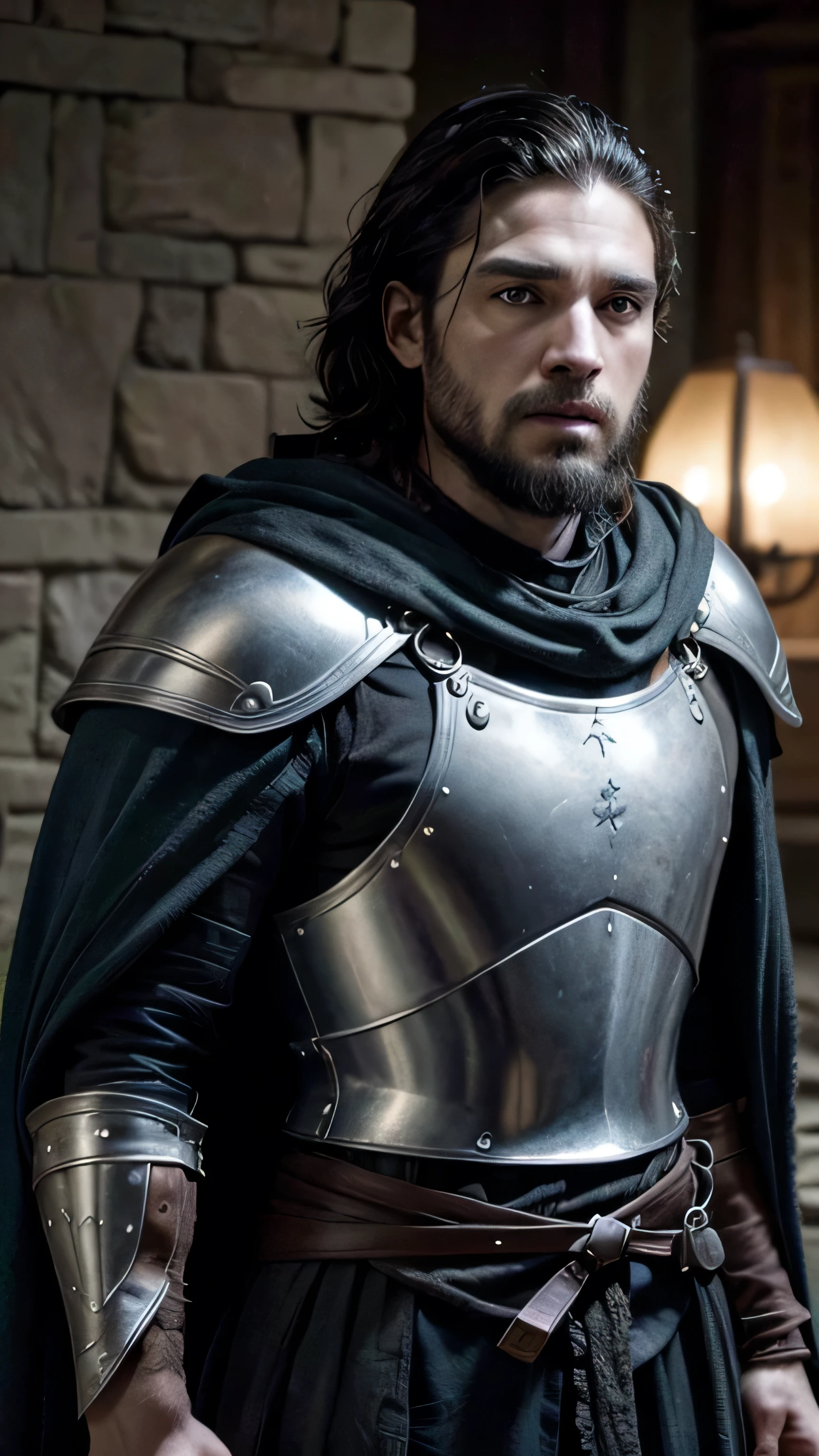 A male character based on Game Of Thrones, has fair skin, cabelos negros como a noite, medium beard, caucasiano, in his right arm there is a middle ear,in his left hand a long sword wears plate armor, and a blue cape