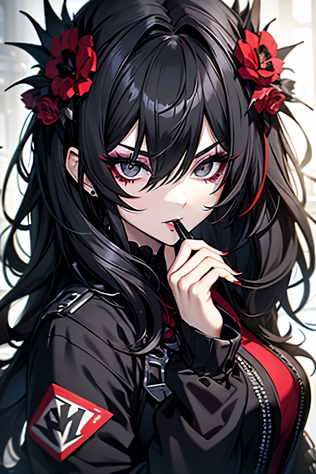 woman, black hair, goth, goth makeup, eyeliner, mascara, smoky eyes, eye shadow, black lips, pale skin, bedhead, red floral wreath, jacket, black eyes