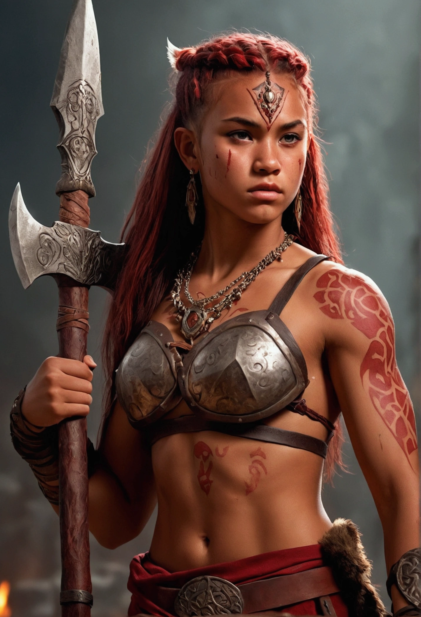 a close up of a  female barbarian, greataxe, tan skin colour, young princess, with red tattoos and scars on the body, female sexy portrait, covered in red tattoos, fit 15yol, concept art of god, muscular , young goddess, athlete female fantasy, detailed full body concept, warrior character, immortal, no wrinkles, beautiful thick hair, cute, tan. exposing full body, exposing groin, exposing toes