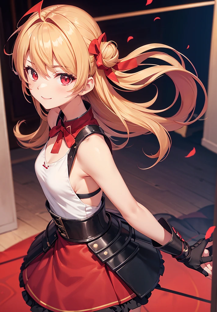 Idol-like anime character, fine facial features, firm eyes, kind smile, strong gaze, confident expression, short blonde twin-tail hair, hair bunched to the side with a few strands bouncing upwards, wears red ribbon, small breasts, cosplay, white tank top like a battle suit, dark red armored leather miniskirt, short skirt, armored nightdress with round hardware costume, dark red armored skirt, long black boots, shot from above, background in room, focus on face. Red eyes, five fingers, two hands. No shadow on background, high quality, high quality No shadow on background, high quality, high quality