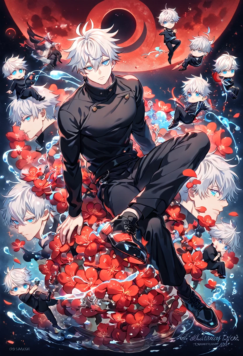absurdres, highres, ultra detailed, HDR, master piece, Gojou Satoru, white hair with bangs, hair between the eyes, white eyelashes, expressive blue eyes, black shirt with long sleeves, black pants, black shoes, Jujutsu Kaisen, sexy man sitting, handsome, best quality, red glittering crescent moon, red flowers, fantasy, magical, solo, water, red shining fireflies, red petals, sensual, manly man,
