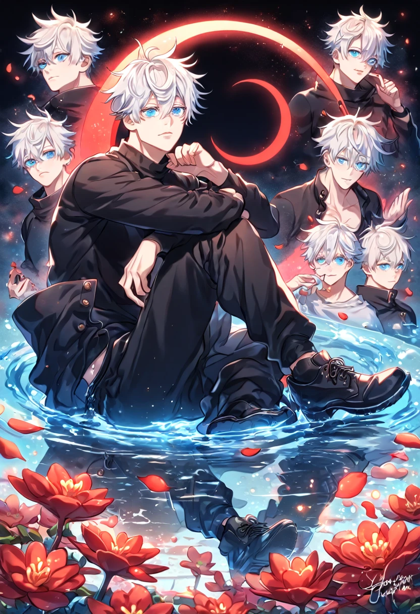 absurdres, highres, ultra detailed, HDR, master piece, Gojou Satoru, white hair with bangs, hair between the eyes, white eyelashes, expressive blue eyes, black shirt with long sleeves, black pants, black shoes, Jujutsu Kaisen, sexy man sitting, handsome, best quality, red glittering crescent moon, red flowers, fantasy, magical, solo, water, red shining fireflies, red petals, sensual, manly man,