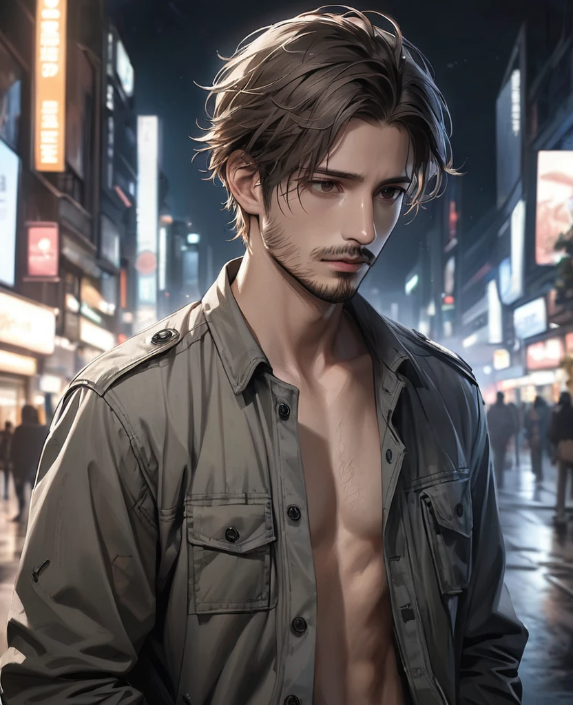 masterpiece, best quality, realistic, 1man, quiet young man, 21 years old, background: city at night, ((Dressed in grey military jacket)), shoulder length hair, dark brown hair, skinny, depressed look, full stubble facial hair, medium hair, unkempt appearence, messy hair, masculine features, toned but thin, stubble facial hair, looking worn down, caucasion, white boy, facial hair, stubble, beard stubble, not muscular, wearing button up underneath (not buttoned up all the way)