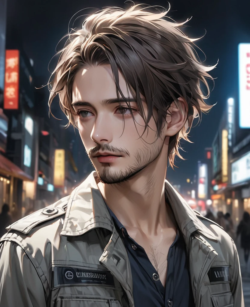 masterpiece, best quality, realistic, 1man, quiet young man, 21 years old, background: city at night, ((Dressed in grey military jacket)), shoulder length hair, dark brown hair, skinny, depressed look, full stubble facial hair, medium hair, unkempt appearence, messy hair, masculine features, toned but thin, stubble facial hair, looking worn down, caucasion, white boy, facial hair, stubble, beard stubble, not muscular, wearing button up underneath (not buttoned up all the way)
