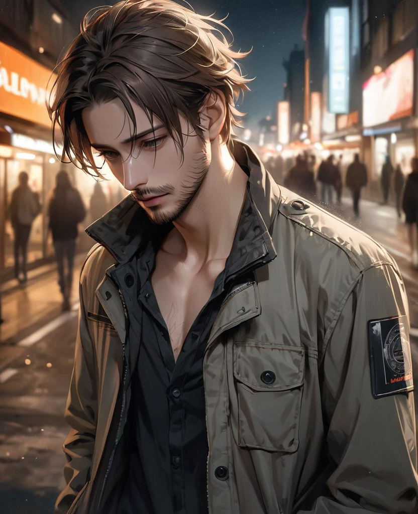 masterpiece, best quality, realistic, 1man, quiet young man, 21 years old, background: city at night, ((Dressed in grey military jacket)), shoulder length hair, dark brown hair, skinny, depressed look, full stubble facial hair, medium hair, unkempt appearence, messy hair, masculine features, toned but thin, stubble facial hair, looking worn down, caucasion, white boy, facial hair, stubble, beard stubble, not muscular, wearing on up underneath (not butt up all the way)