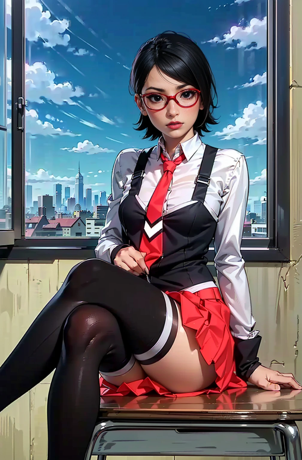 (1girl, Alone, alone), (WakatsukiRisa, Sarada uchiha, black hair, short hair, Black eyes, (small bust), red glasses), ((Alone, (1woman,pink lipstick, Black eyes), extremely detailed , Soft ambient lighting, 4K, perfect eyes, a perfect face, Perfect Lighting, the 1 girl)), ((fitness, , shapely body, athletic body, toned body)) , ((schoolgirl uniform, red skirt, white dress shirt, black vest, black thigh highs, red tie, sitting at the table, legs crossed, window in the background, city in the background, small bust))