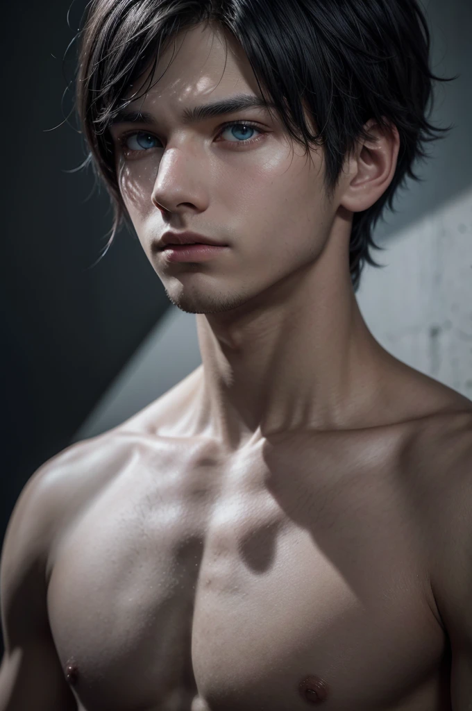 a young man of eighteen years of age, have fair skin, His eyes are blue and his hair is in an emo style with bangs covering part of his eye on the left side., the young man is six feet tall and two centimeters tall. captured in an ultra-realistic full HD 4K portrait, detailed texture showing its menacing shape, Immersive atmosphere, high definition shadow play, digitalpainting, nevoa no environment.