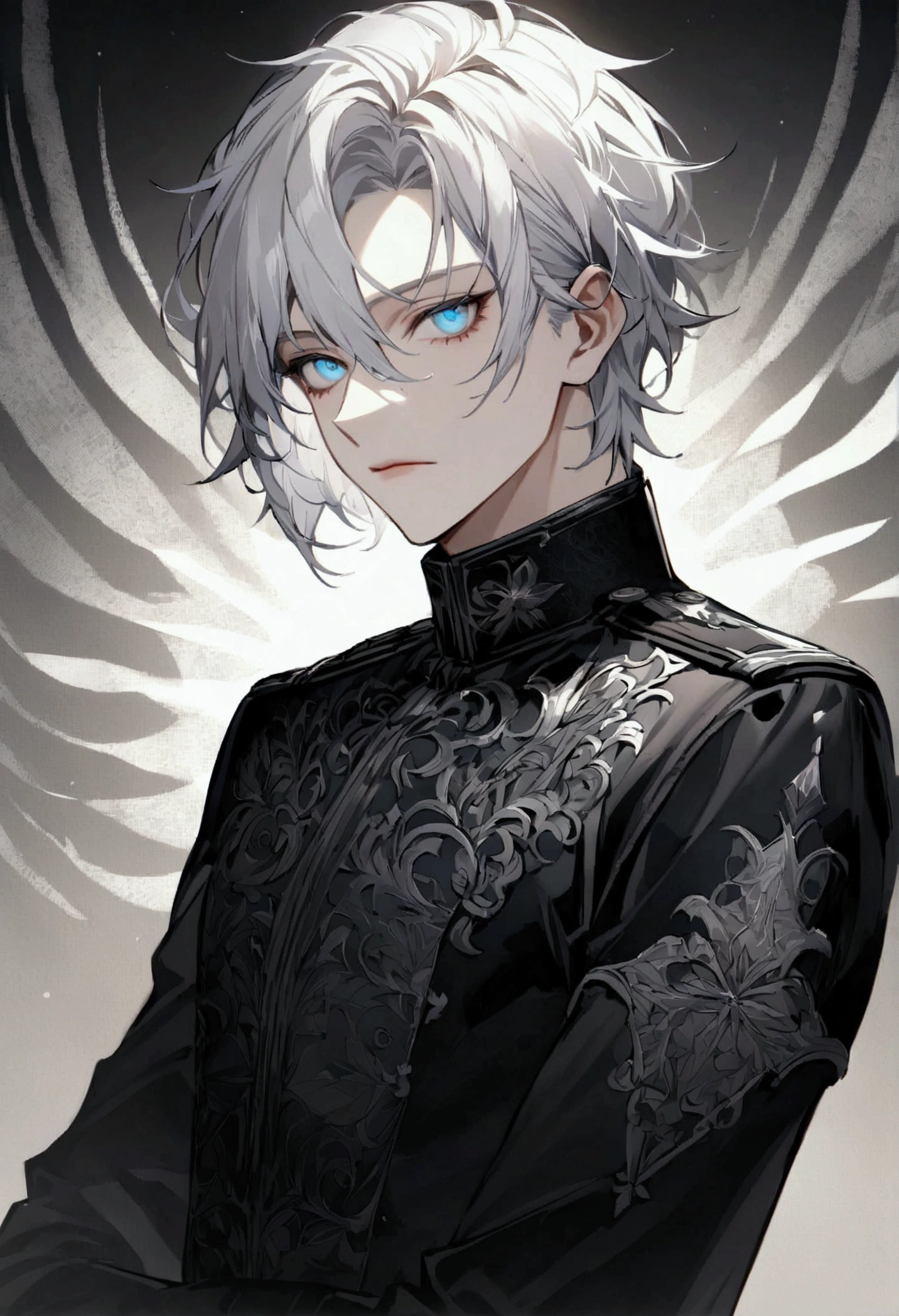 Wearing modern combat uniforms. His silver hair shines brightly, It creates a striking contrast with his dark outfit.. Only the eyes can penetrate the darkness. These eyes are a captivating blue, Shining brightly with an unwavering, stern gaze. The background is a black and white pattern, Add a striking impact to your images.