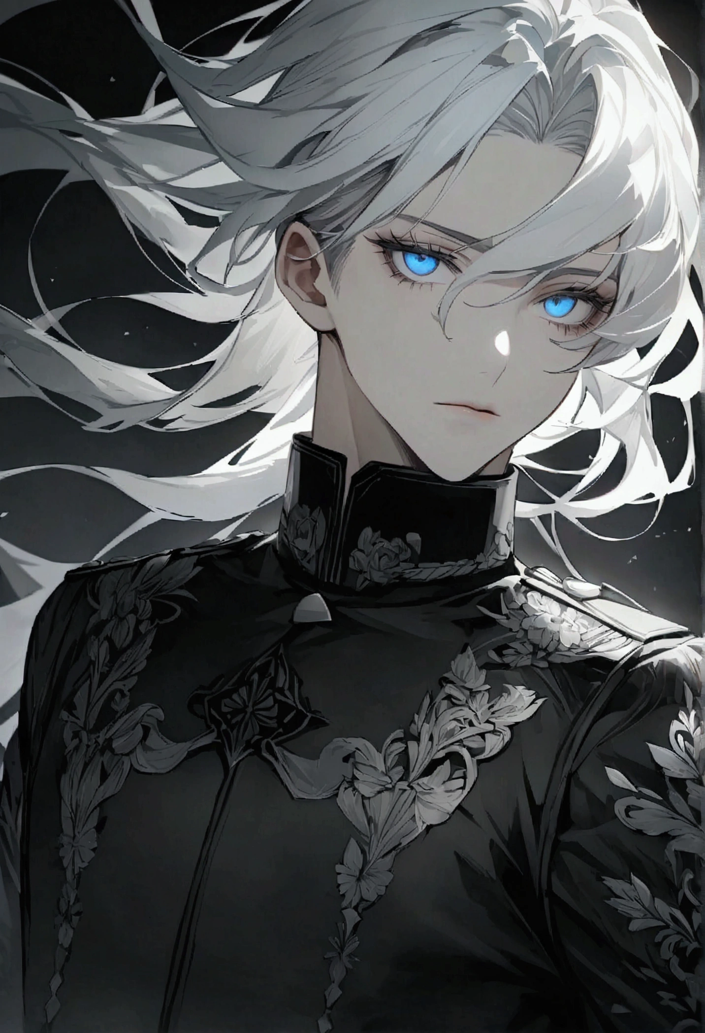 Wearing modern combat uniforms. His silver hair shines brightly, It creates a striking contrast with his dark outfit.. Only the eyes can penetrate the darkness. These eyes are a captivating blue, Shining brightly with an unwavering, stern gaze. The background is a black and white pattern, Add a striking impact to your images.