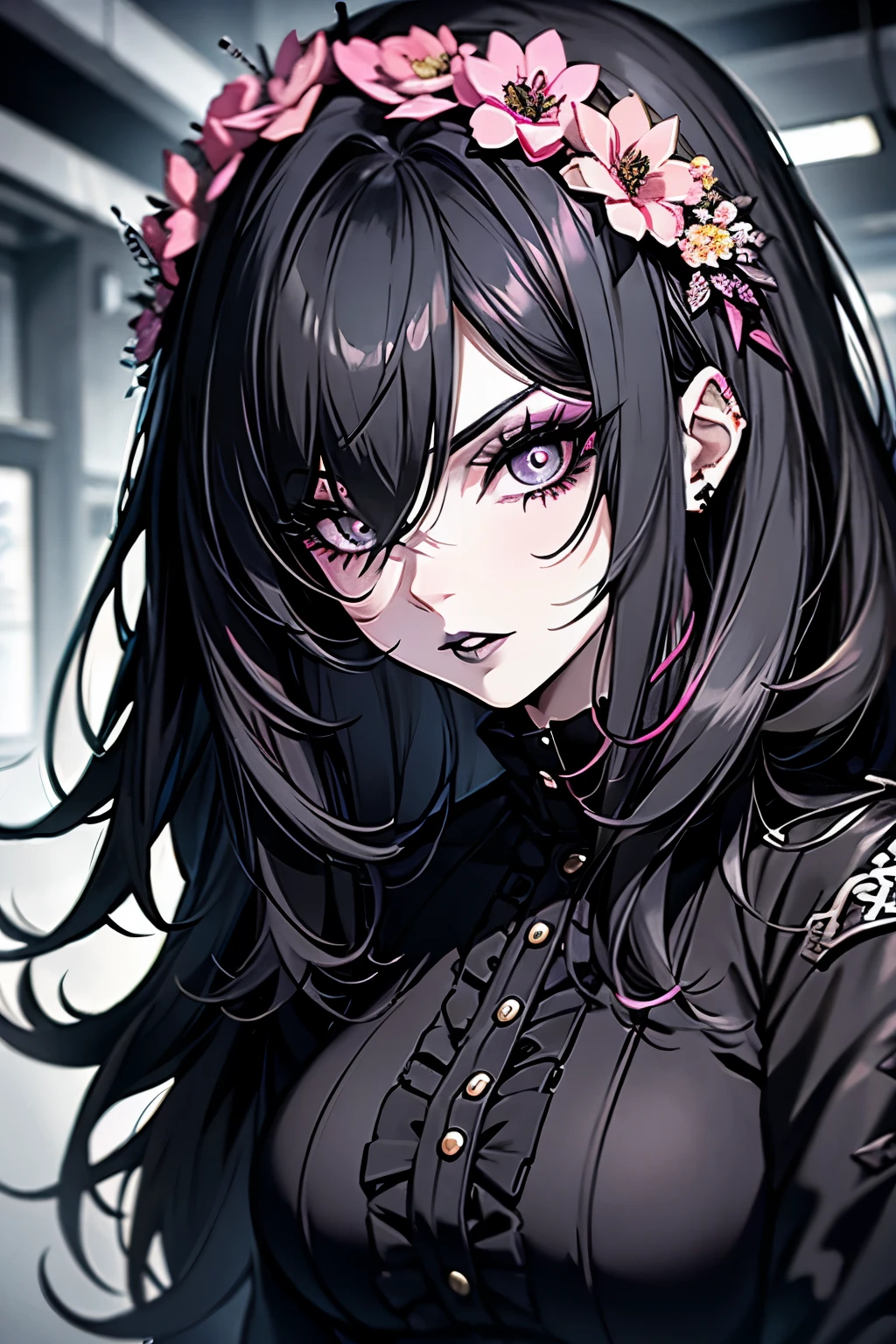 woman, black hair, goth, goth makeup, eyeliner, mascara, smoky eyes, eye shadow, black lips, pale skin, bedhead, pink floral wreath, jacket, black eyes