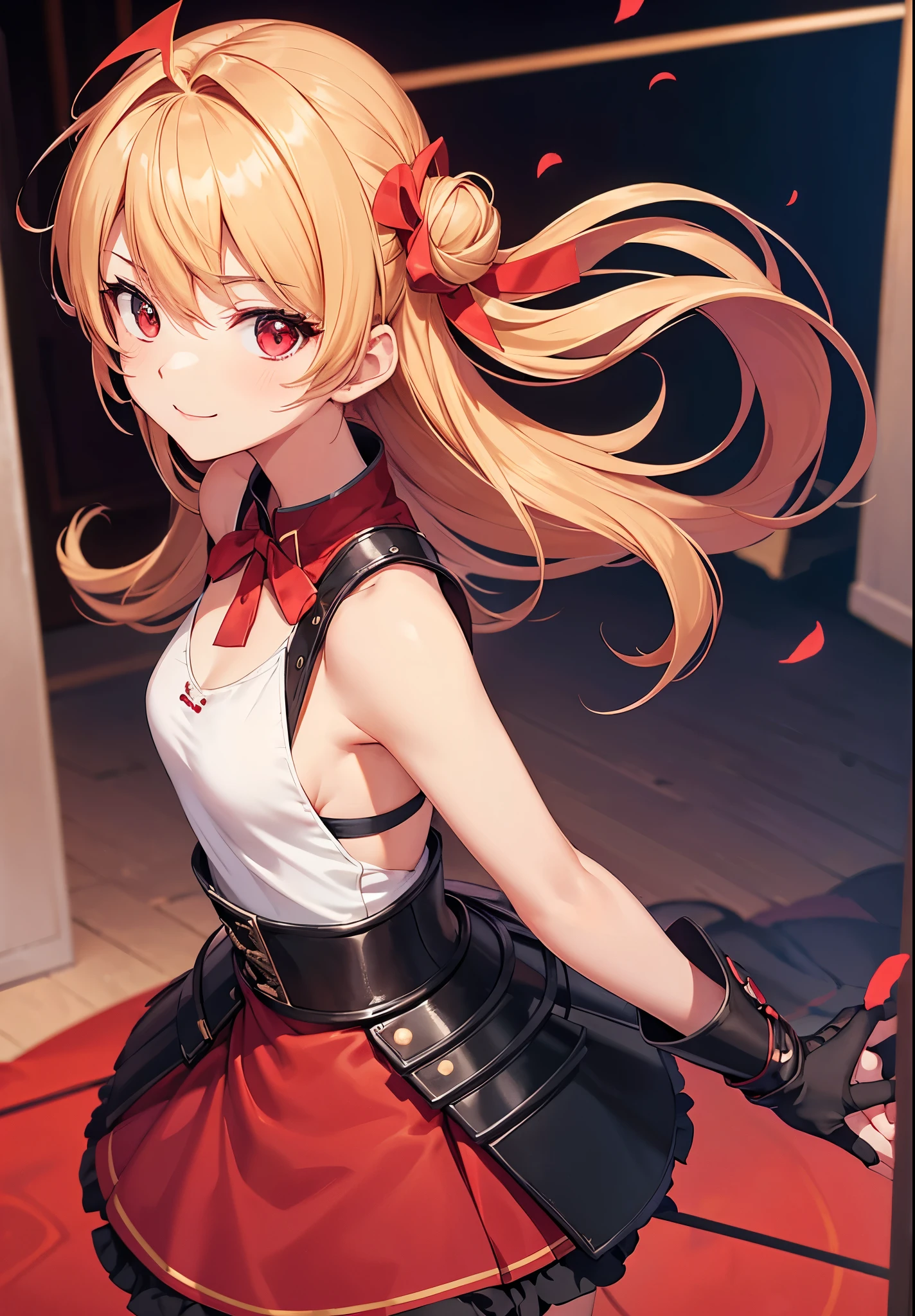 Idol-like anime character, fine facial features, firm eyes, kind smile, strong gaze, confident expression, short blonde twin-tail hair, hair bunched to the side with a few strands bouncing upwards, wears red ribbon, small breasts, cosplay, white tank top like a battle suit, dark red armored leather miniskirt, short skirt, armored nightdress with round hardware costume, dark red armored skirt, long black boots, shot from above, background in room, focus on face. Red eyes, five fingers, two hands. No shadow on background, high quality, high quality No shadow on background, high quality, high quality