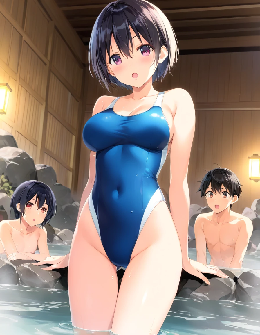 高いquality illustration, masterpiece, Very delicate and beautiful,Slender body,slim,Beautiful Eyes,(masterpiece, Highest quality:1.2), High resolution, Very detailed CG ユニティ 8k 壁紙, Perfect lighting, colorful, 超High resolution,4K,Very detailed, photograph, 8k, High resolutionolution、Drawn from the front、Very young girl、Swimsuit、Sports swimwear、紺色Swimsuit、Muscular、Sportsman、Black Hair、Short Hair、((hot spring))、((bath))、Sweat、 Sweatをかく、maleたちに囲まれて、maleが見ている、male3people、(male性機能強化)、((thigh))、((hot springに入っている))、((In hot water))、Pleasant expression、Open your mouth、