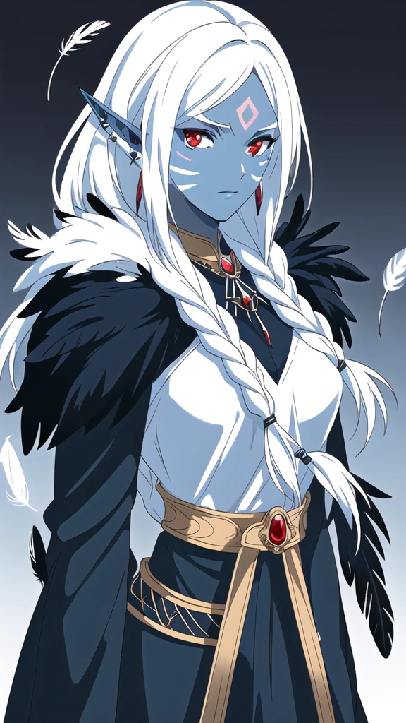 drow, female, pointy ears, solo, long hair, jewelry, earrings, feathers, braid, red eyes, colored skin, looking at viewer, upper body, white hair, facial mark, breasts, elf,  ear piercing, fur trim, single braid, blue skin, dark skin, dark background
, ((masterpiece, best quality)) 