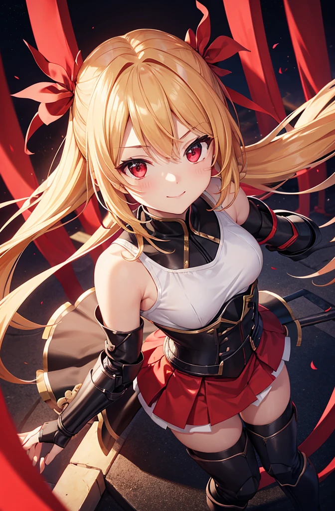 Idol-like anime character, fine facial features, firm eyes, kind smile, strong gaze, confident expression, short blonde twin-tail hair, hair bunched to the side with a few strands bouncing upwards, wears red ribbon, small , cosplay, white tank top like a battle suit, dark red armored leather miniskirt, short skirt, armored nightdress with round hardware costume, dark red armored skirt, long black boots, shot from above, background in room, focus on face. Red eyes, five fingers, two hands. No shadow on background, high quality, high quality No shadow on background, high quality, high quality