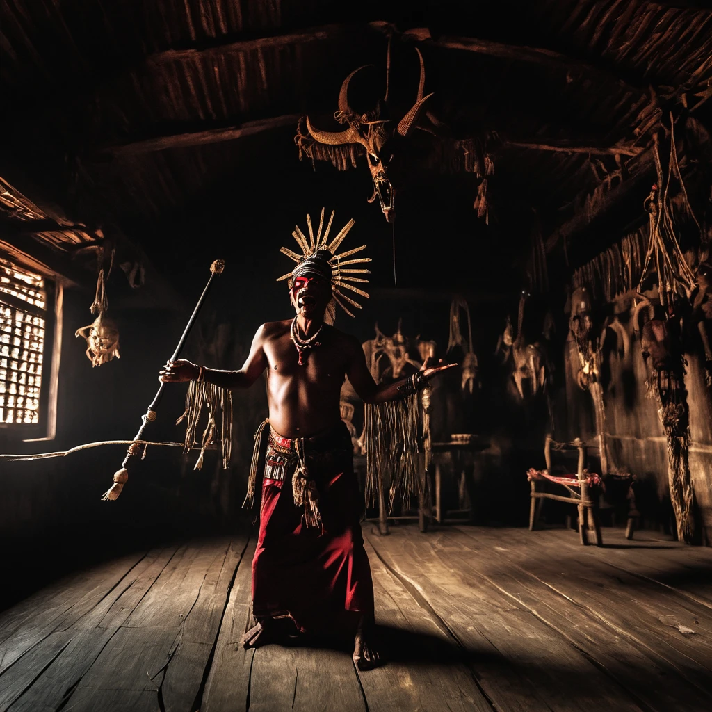 In this dark and scary place wooden house, room with evil spirit and demon elements, Evil male Javanese shaman dancing and suffer unbearable pain. his mouth spill blood, He evil smiling and make eerie sound. dancing (evil and satanic :1.2) EXTREME DETAIL, Masterpiece, Best quality,Superb quality, high resolution