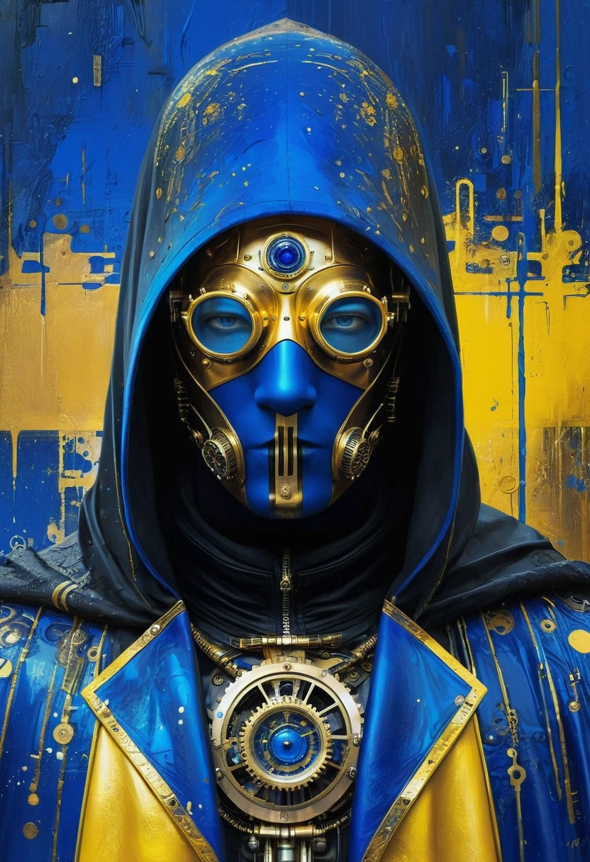 Hacked hooded dude in black cape, masked face high tech vaporpunk steampunk, man with steampunk implants, futuristic vintage biomechanics, royal blue, golden yellow, blue and yellow painting with high relief texture, 4D, 8k, high tech, futuristic, ornamental photorealism, abstract impressionism, art por Jeremy Mann