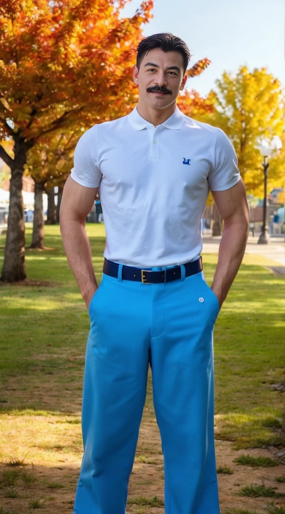 omniman2023, muscular, blue eyes, mustache, wearing a white polo, short sleeves, belt, pants, looking at viewer, smiling,
standing, hands on hips, outside, park, trees, autumn, blue sky, extreme detail, masterpiece, 
