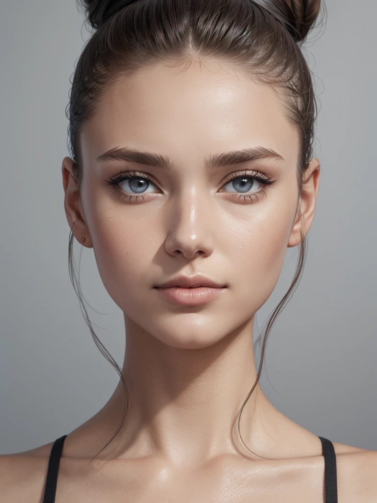 woman, face, facial symmetry, front, caucasian, hair bun, skin details, pores, hyper realism, grey background