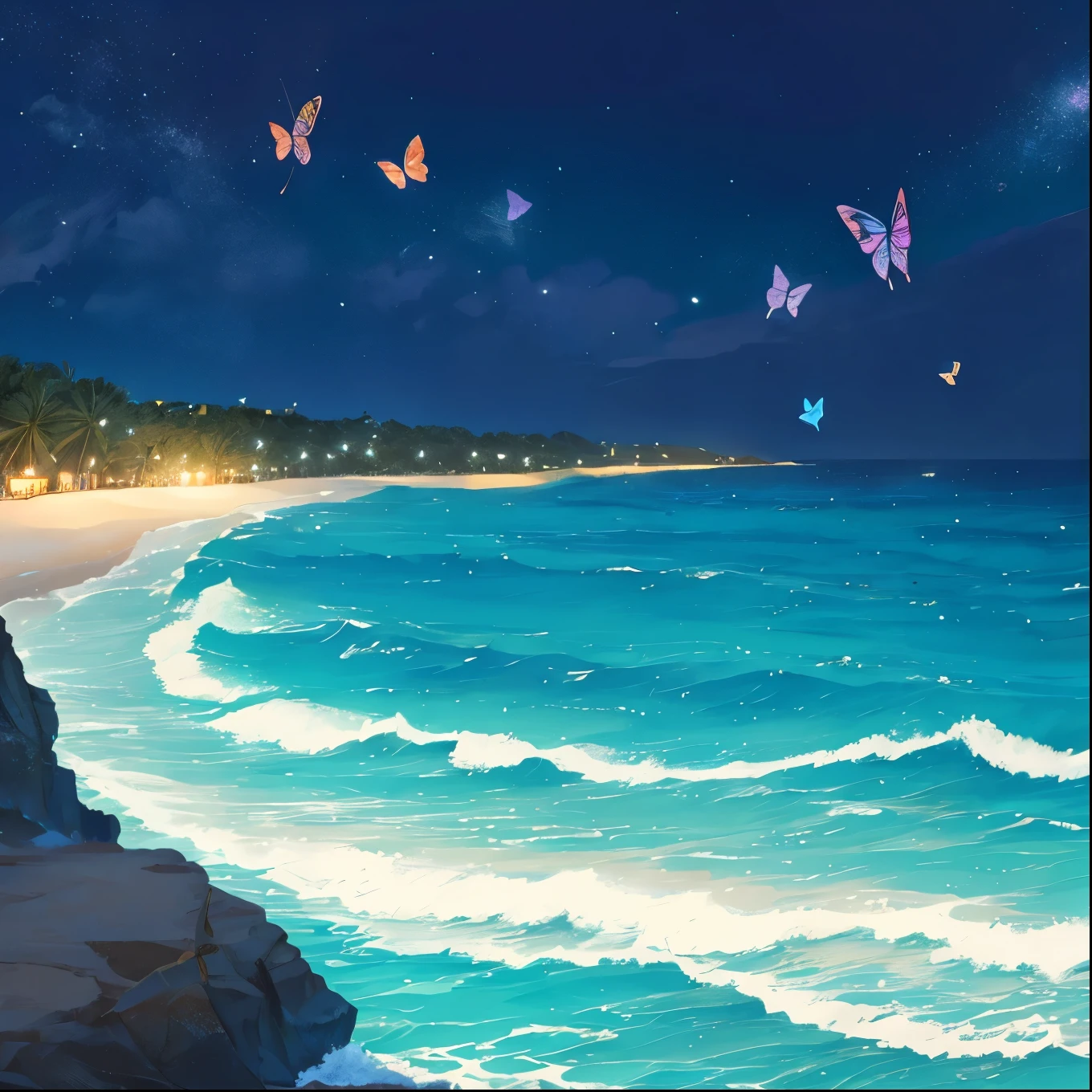 Beach night with butterflies coming out of the water