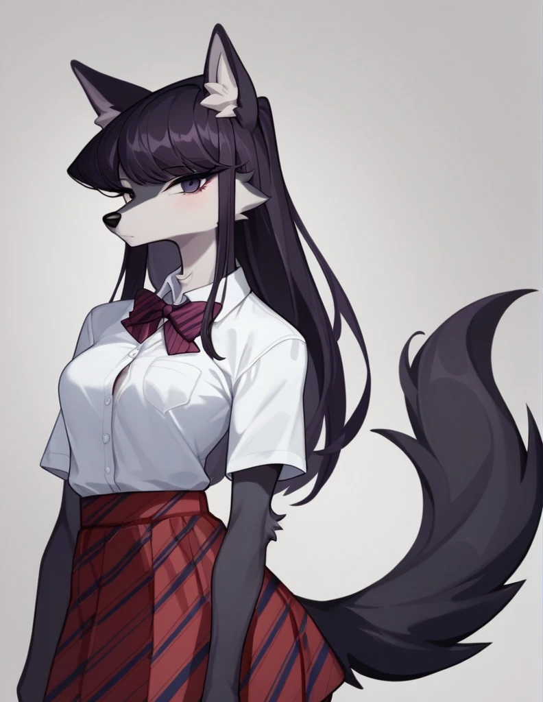 score_9,score_8_up,score_7_up, source_anime, source_furry, Anthro furry wolf girl, Komi Shouko, she is an Anthro furry black wolf, black furry body, wolf snout, black nose, tall and skinny, small breasts, wearing , at a Japanese school, 