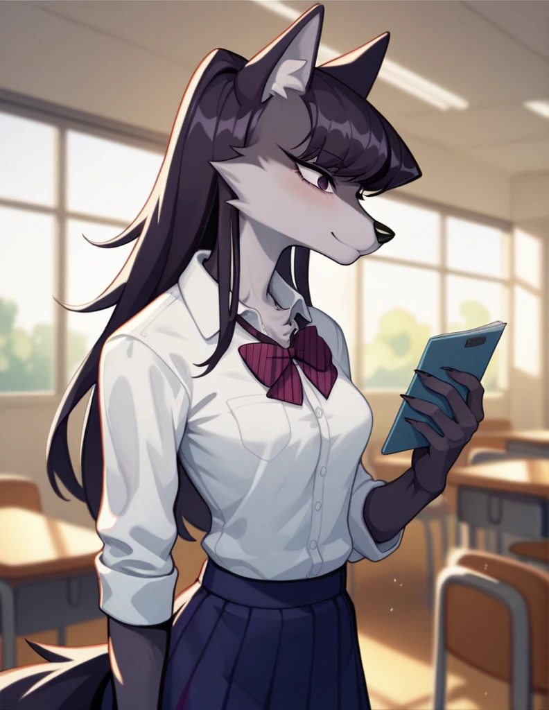 score_9,score_8_up,score_7_up, source_anime, source_furry, Anthro furry wolf girl, Komi Shouko, she is an Anthro furry black wolf, black furry body, wolf snout, black nose, tall and skinny, small breasts, wearing , at a Japanese school,
