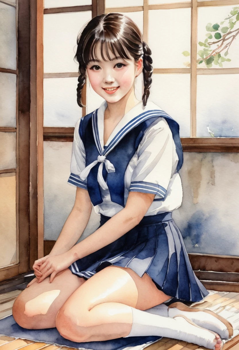 Japanese watercolor painting, 1school girl, sailor suit, look at viewer, detailed face, sitting with knees up on floor, spread legs, symmetrical, white panties in skirt, gentle smile