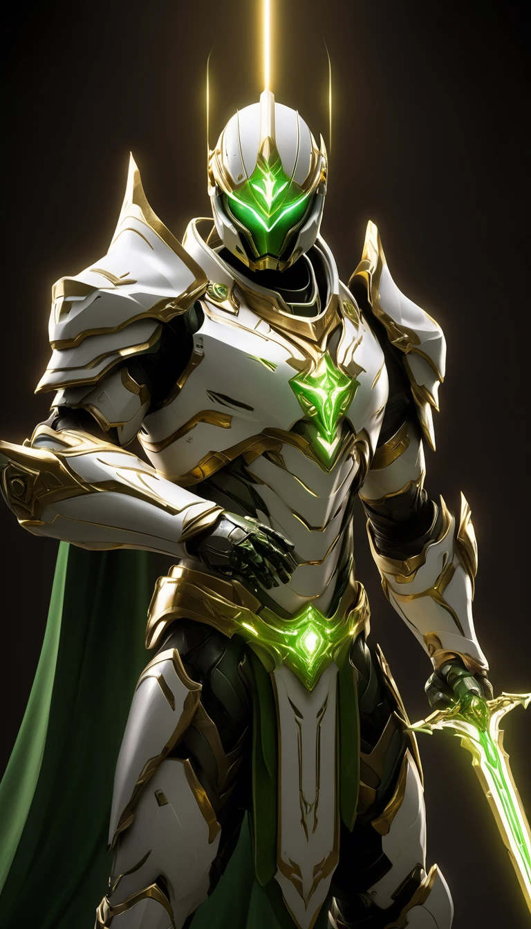 Masterpieces, male, Holy white Knight, (white armor) Action style shot, (no undercloth), Glowing green colored Christian Cross on breastplate, (Battle Priest in a warframe and halo style armor wielding a sword with radiant green light, emanating potent gold light magic.), (green half cape), (action shot: hefting a sword), (white, green and gold color scheme), (5 green gems on belt), (green magic effects), white and green tabard (solid gold color background), (gold magic background effects), centered, full body shot fighting, sci-fi knight, Halo master chief, vibrant colors, visible figure joints, cinematic shot, volumetric lighting, intricate pattern detail, highly detailed