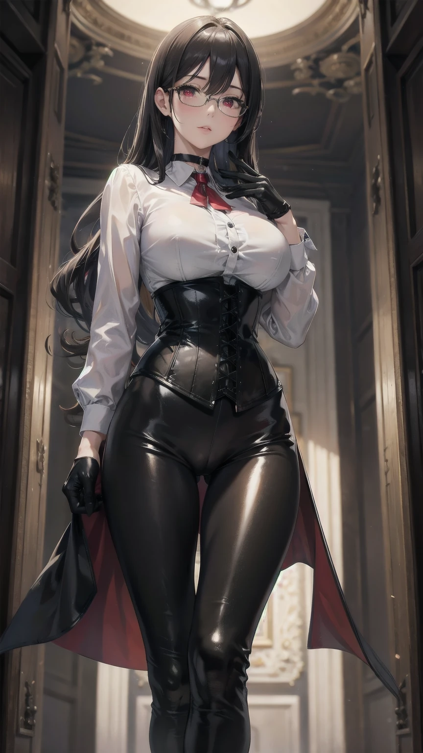 masterpiece, Superior image quality, High resolution, 4k image,photo and gross, photorealistic, whole body, 1 girl, standing, {{{vagina}}}, beautiful face, Long Silver Wavy Hair, Red eyes, very detailed eyes, shy expression, Glasses, choker:1.6, (white collar button down long sleeve shirt), black gloves, gloves that cover hands, holding a handful of books in your hands with your hand, (black leather corset), (shiny black leggings), Sensual Lips, show details in the eyes, View from the front, looking at the viewer, Mansion, at daytime, illuminated