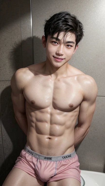 Japanese men、13 years old、The whole body is visible、Lightweight grey boxer briefs、Dark hair undercut with pink crown、Posing in the bathroom、Relaxed smile、Underdeveloped muscles and smooth skin