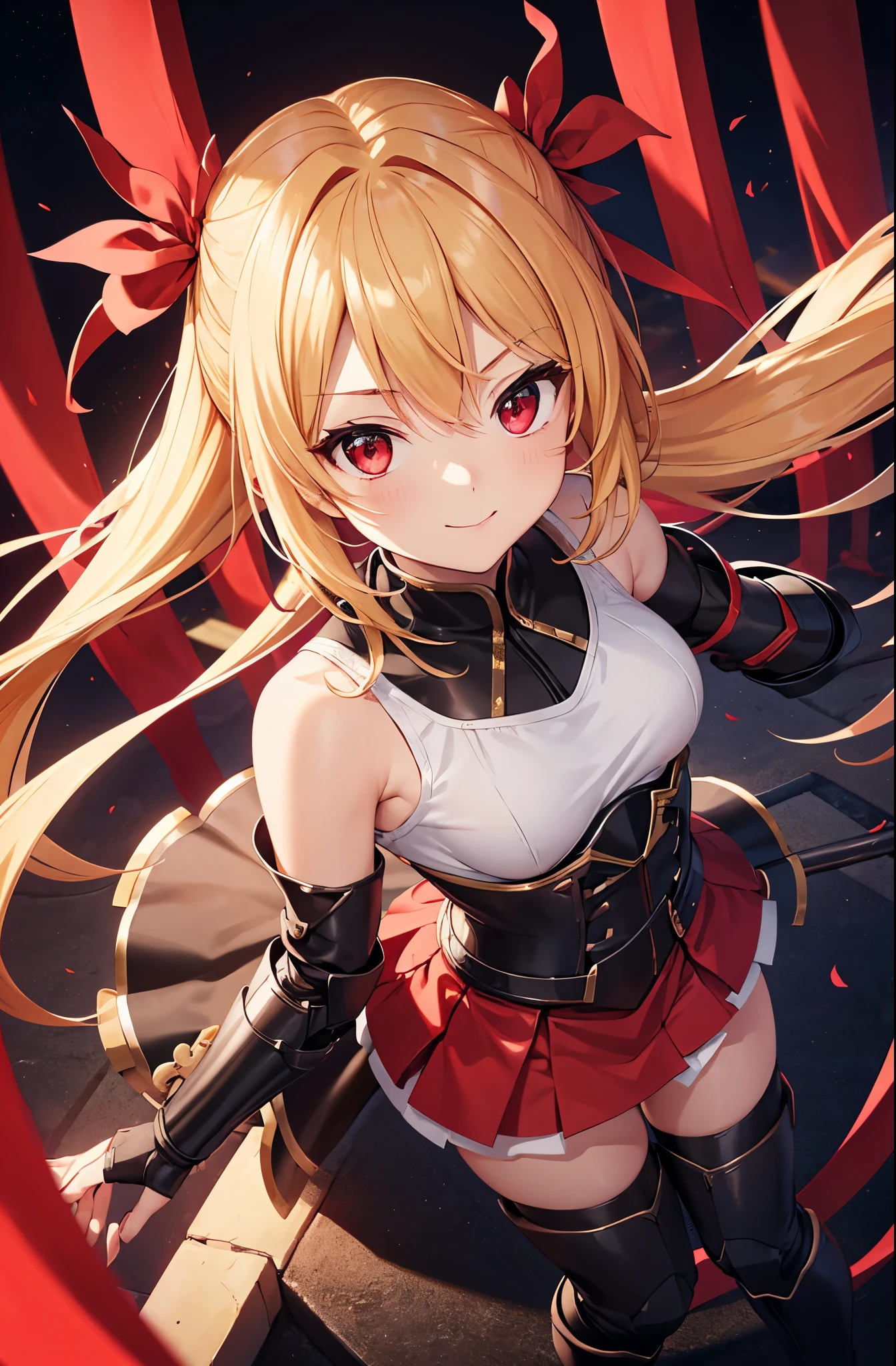 Idol-like anime character, fine facial features, firm eyes, kind smile, strong gaze, confident expression, blonde twin-tail hair, hair bunched sideways with a few strands bouncing upwards, wears red ribbon, small breasts, cosplay, white tank top like a battle suit, dark red armored leather miniskirt, short skirt, armored nightdress with round hardware costume, dark red armored skirt, long black boots, shot from above, background in room, focus on face. Red eyes, five fingers, two hands. No shadow on background, high quality, high quality No shadow on background, high quality, high quality