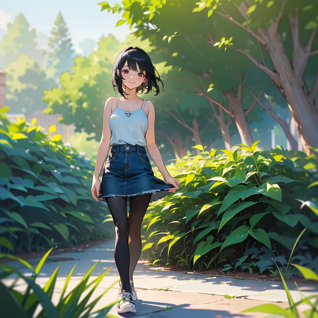 (high quality, High resolution, Very detailed, reality:1.37), Peaceful atmosphere, (Outdoor, garden),  girl standing alone, (my breasts are big.), Beautiful details, Cute Smile, (Black bob hair), camisole, Denim skirt, Black tights, sneakers.