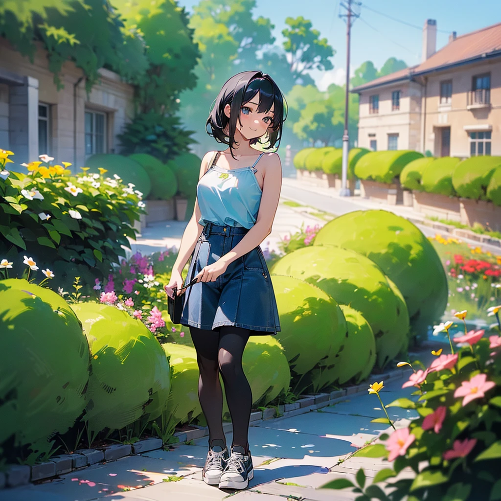 (high quality, High resolution, Very detailed, reality:1.37), Peaceful atmosphere, (Outdoor, garden), Teenage girl standing alone, (my breasts are big.), Beautiful details, Cute Smile, (Black bob hair), camisole, Denim skirt, Black tights, sneakers.