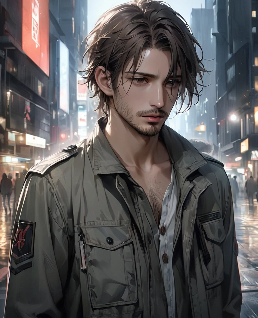 masterpiece, best quality, realistic, 1man, quiet young man, 21 years old, background: city at night, ((Dressed in grey military jacket)), shoulder length hair, dark brown hair, skinny, depressed look, full stubble facial hair, medium hair, unkempt appearence, messy hair, masculine features, toned but thin, stubble facial hair, looking worn down, caucasion, white boy, facial hair, stubble, beard stubble, not muscular, wearing button up underneath (not buttoned up all the way)
