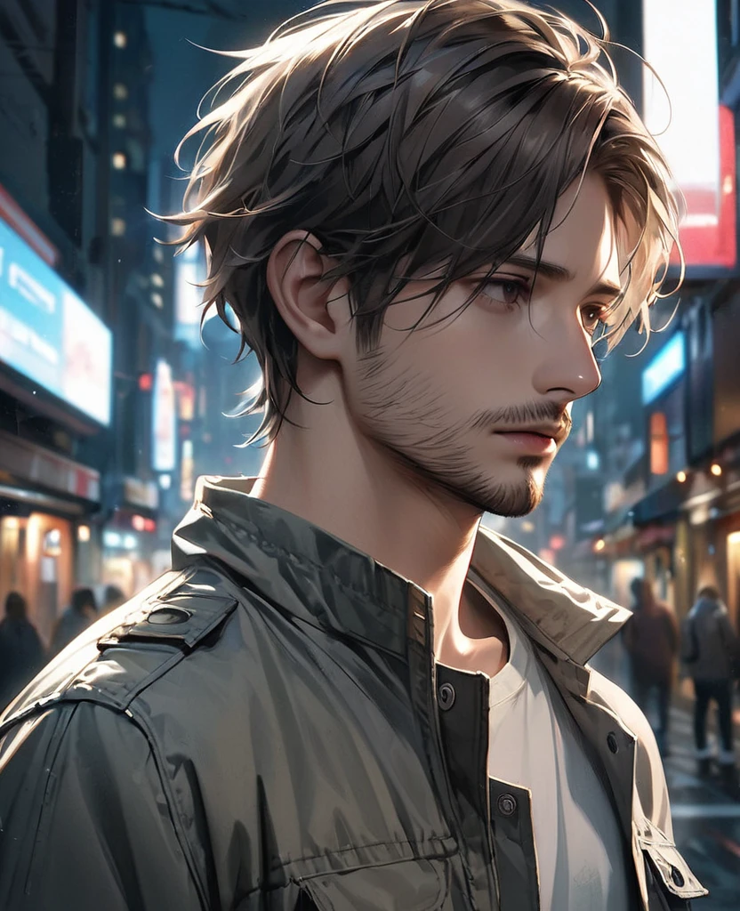 masterpiece, best quality, realistic, 1man, quiet young man, 21 years old, background: city at night, ((Dressed in grey military jacket)), shoulder length hair, dark brown hair, skinny, depressed look, full stubble facial hair, medium hair, unkempt appearence, messy hair, masculine features, toned but thin, stubble facial hair, looking worn down, caucasion, white boy, facial hair, stubble, beard stubble, not muscular, wearing button up underneath (not buttoned up all the way)