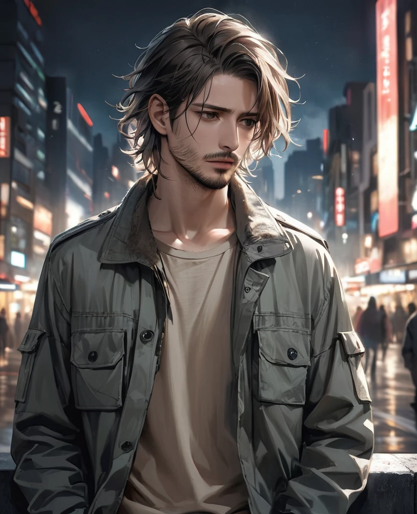 masterpiece, best quality, realistic, 1man, quiet young man, 21 years old, background: city at night, ((Dressed in grey military jacket)), shoulder length hair, dark brown hair, skinny, depressed look, full stubble facial hair, medium hair, unkempt appearence, messy hair, masculine features, toned but thin, stubble facial hair, looking worn down, caucasion, white boy, facial hair, stubble, beard stubble, not muscular, wearing button up underneath (not buttoned up all the way)