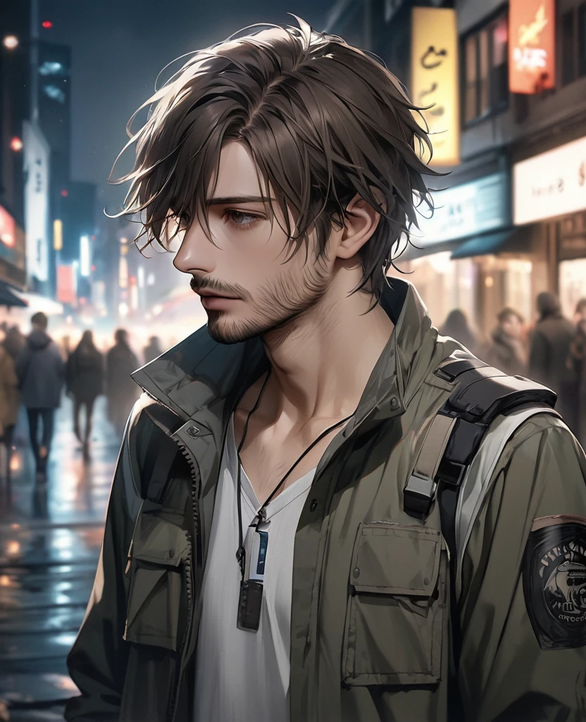 masterpiece, best quality, realistic, 1man, quiet young man, 21 years old, background: city at night, ((Dressed in grey military jacket)), shoulder length hair, dark brown hair, skinny, depressed look, full stubble facial hair, medium hair, unkempt appearence, messy hair, masculine features, toned but thin, stubble facial hair, looking worn down, caucasion, white boy, facial hair, stubble, beard stubble, not muscular, wearing button up underneath (not buttoned up all the way)