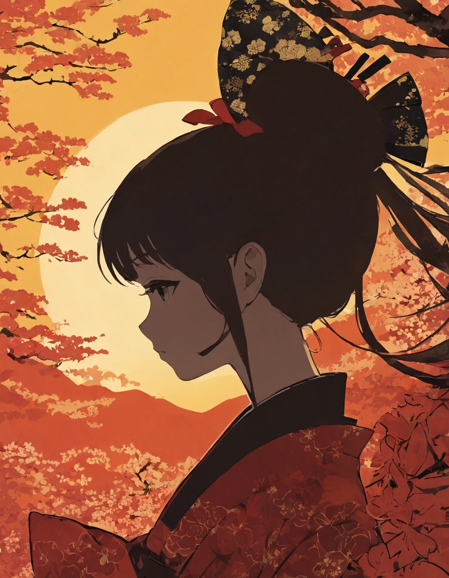 Silhouette of a girl, Japan's deep forests are abundant , Japanese Landscape, close, Double Exposure, Please make the background a gradient、