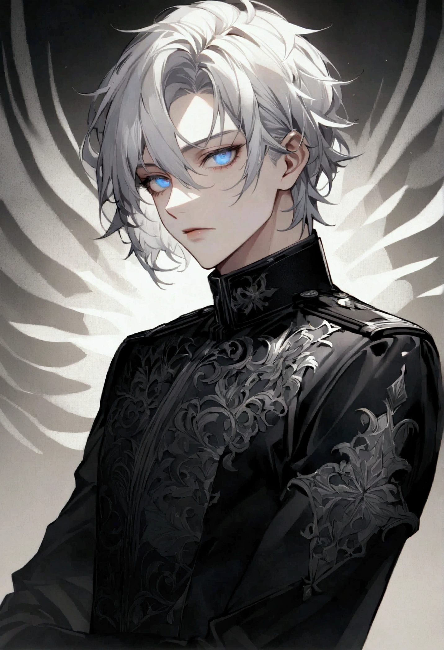 Wearing modern combat uniforms. His silver hair shines brightly, It creates a striking contrast with his dark outfit.. Only the eyes can penetrate the darkness. These eyes are a captivating blue, Shining brightly with an unwavering, stern gaze. The background is a black and white pattern, Add a striking impact to your images.