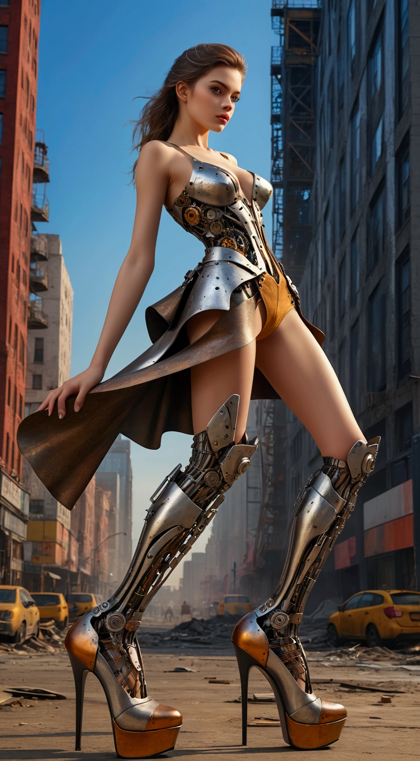 image of a {1girl stunning pose, photo_model pose, perfect proportional anatomy, girl with high heels, UHD, intricate detailed, 8k, best quality ever, masterpiece, super detailed, unleashed creativity, beyond imagination, dramatic light, gradient motion color background}, rough, massive mechanical art city scraper, weathered and textured