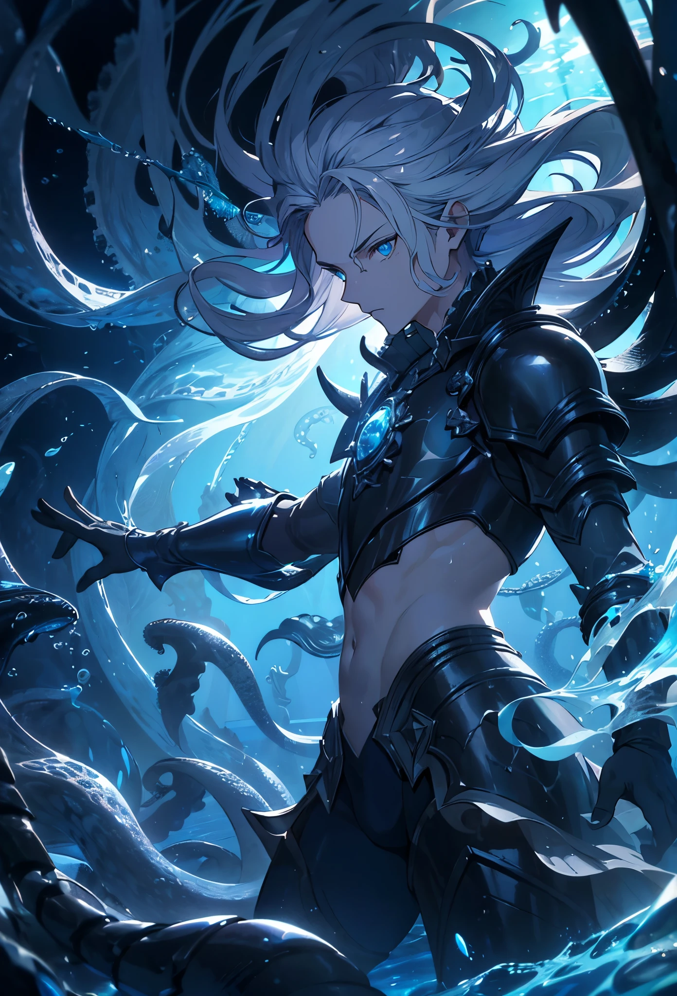 (extremely detaile, tmasterpiece, Best quality, Under the ocean), in dark style, Volumetric illumination. Medieval armor, Beautiful man, silver hair,blueeyes,, Tentacle, deformation, underwater image, Threatens the octopus beak. Ink stains. Rococo composition. Caravaggio's light