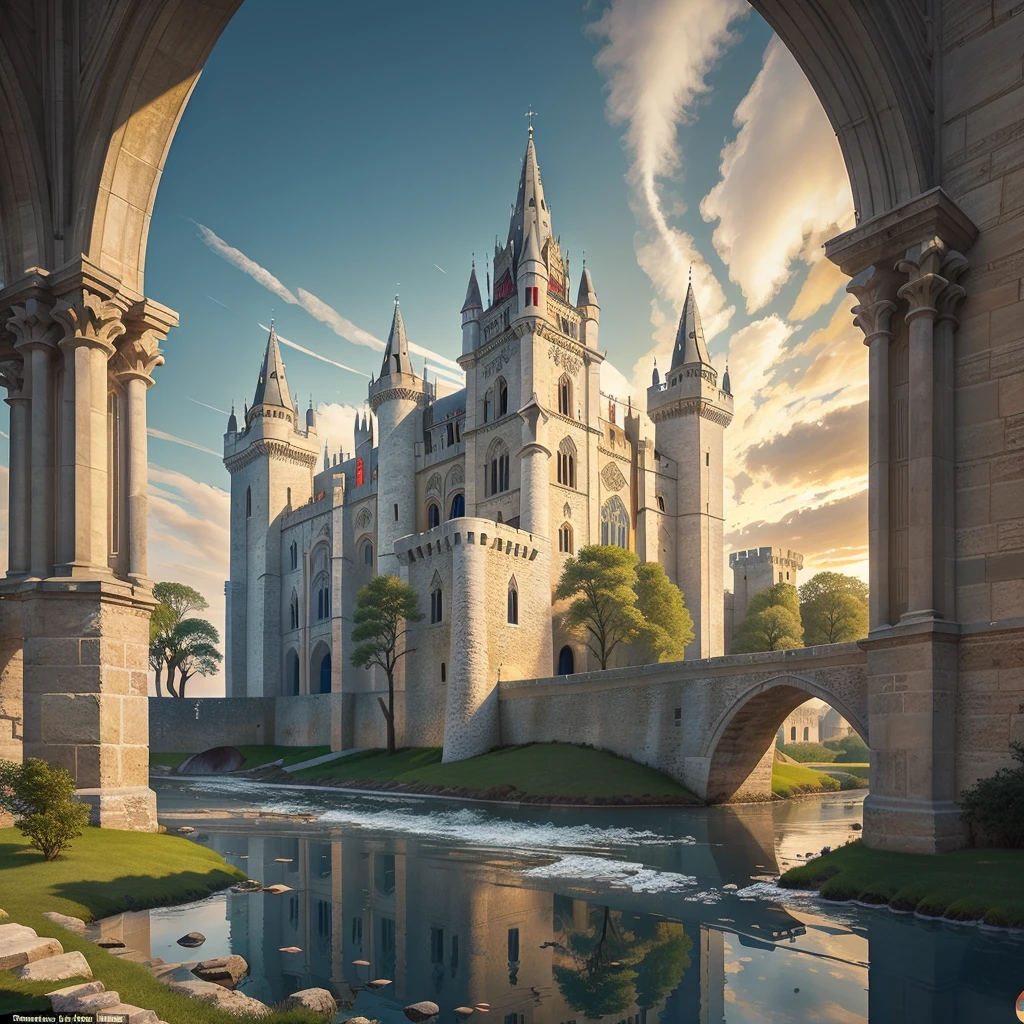 colossal and ornate concentric gothic castle,stained glass windows,towering stone walls,pristine moat,white marble bridge,flying buttresses,intricate architectural details,dramatic lighting,warm color palette,photorealistic,8k,ultra-detailed,masterpiece,award winning art