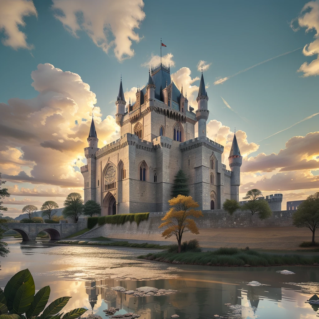 colossal and ornate concentric gothic castle,stained glass windows,towering stone walls,pristine moat,white marble bridge,flying buttresses,intricate architectural details,dramatic lighting,warm color palette,photorealistic,8k,ultra-detailed,masterpiece,award winning art