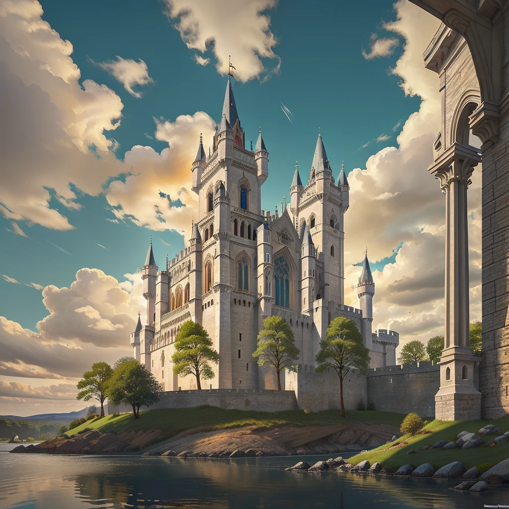 colossal and ornate concentric gothic castle,stained glass windows,towering stone walls,pristine moat,white marble bridge,flying buttresses,intricate architectural details,dramatic lighting,warm color palette,photorealistic,8k,ultra-detailed,masterpiece,award winning art